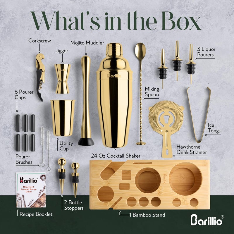 Barillio Gold Bartender Kit - Stainless-Steel Cocktail Shaker Set w/Bamboo Stand - Mixology Bar Tools w/Drink Shaker, Mixer Spoon and Muddler for Cocktails - Home Bar Accessories - 23-Pc Bar Set - Image 5